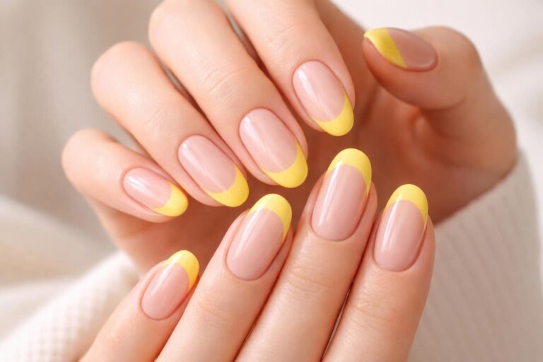 discover the brightening elegance of the trendy yellow french tip manicure – a fresh and stylish twist on a classic look, perfect for adding a sunny pop of color to your nails.