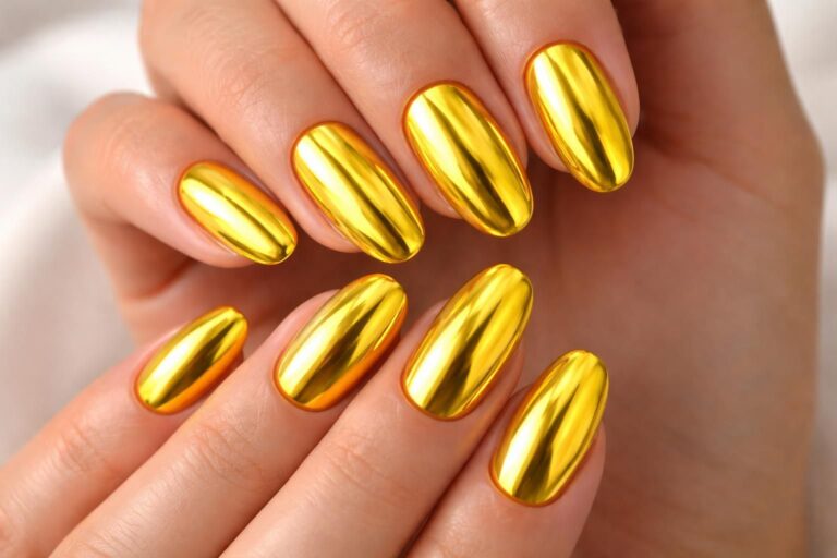discover the bold and bright trend of shimmering chrome yellow nails. perfect for making a vibrant statement with a dazzling manicure.