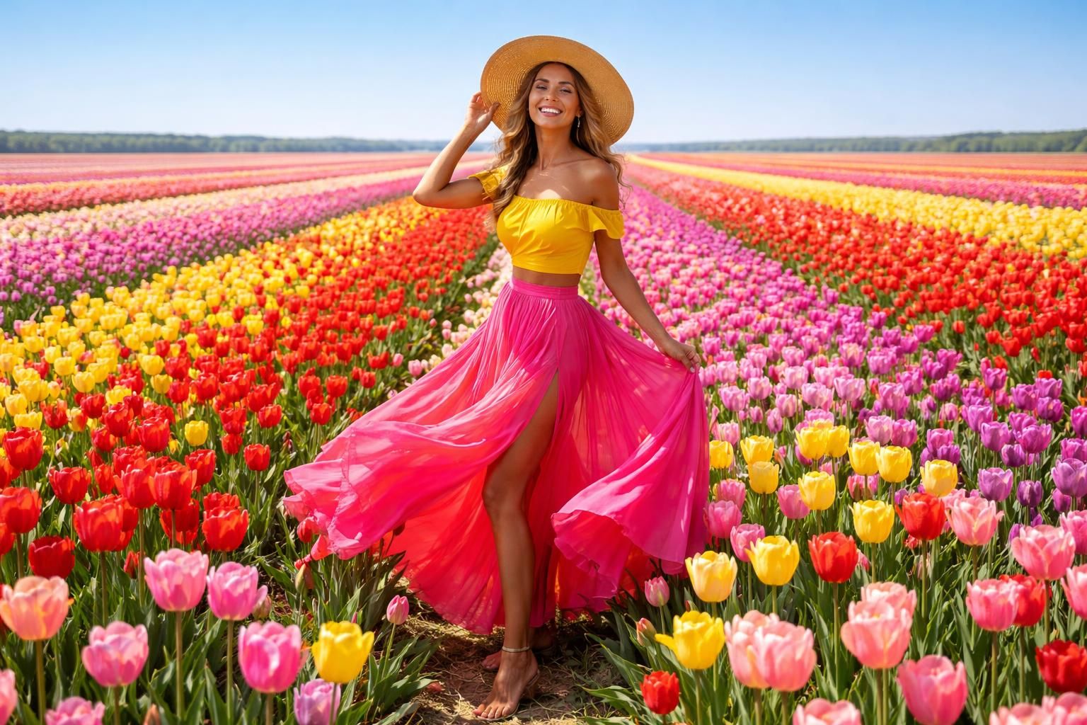 experience the beauty and color of a vibrant photoshoot set amidst endless tulip fields, capturing the essence of spring and natural elegance.