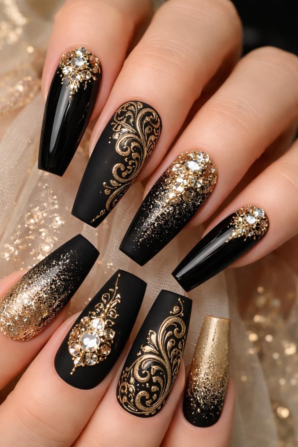 discover elegant black and gold nail designs perfect for prom night, combining sophistication and glamour to complete your look.