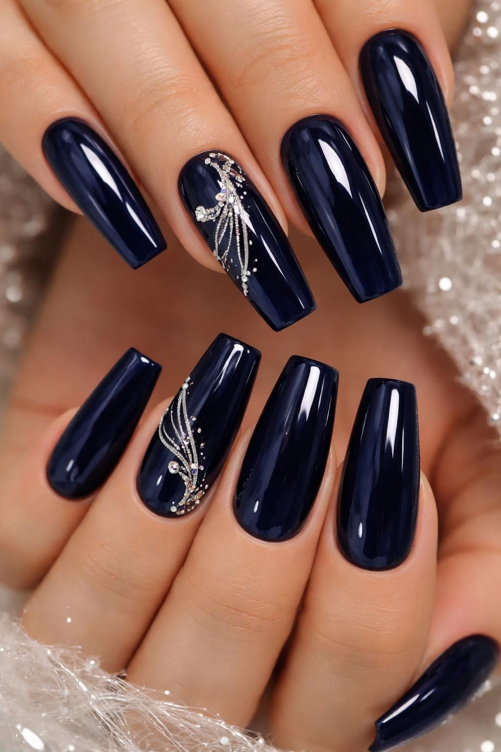 discover elegant navy blue nails that are perfect for prom night, combining sophistication and style for a memorable evening look.
