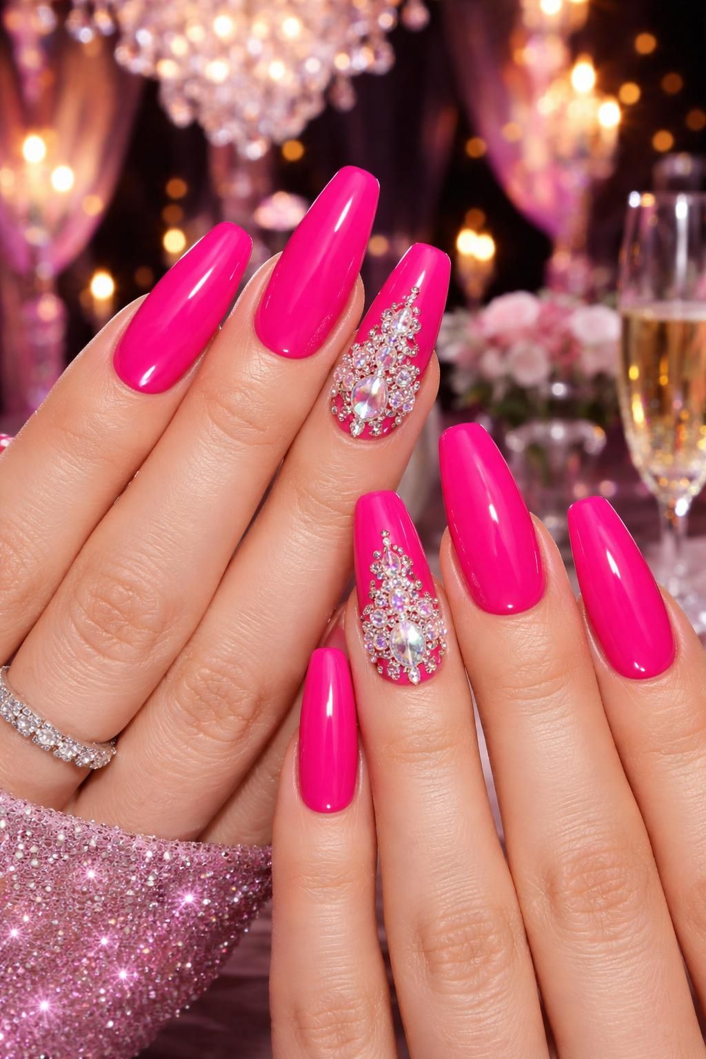 get ready to shine on prom night with vibrant hot pink nails that add a bold and glamorous touch to your look. perfect for making a statement and standing out.